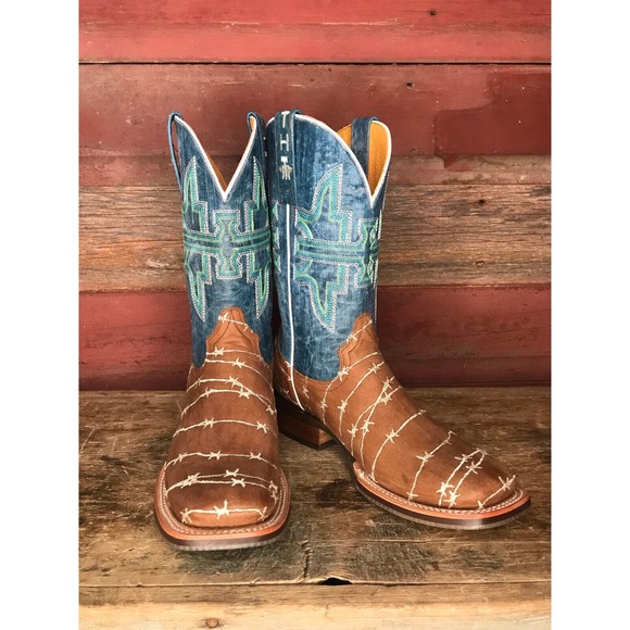 Tin Haul Shoes - Tin Haul Deja Moo Barbed Wire Blue/Brown Leather Cowboy Boots